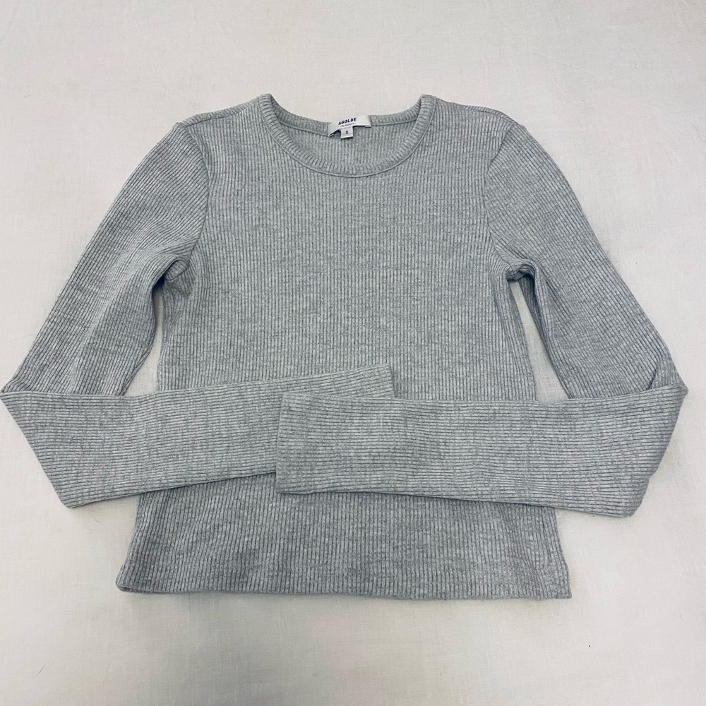 Agolde Alma Shrunken Crew Neck long sleeve brushed grey heather shirt size small